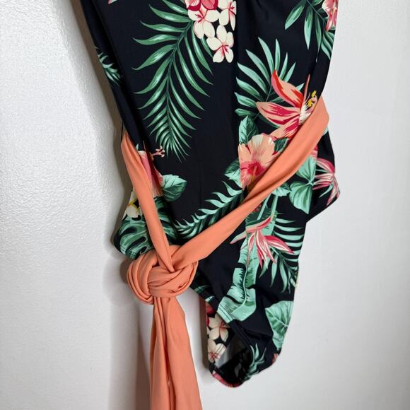 Cupshe Swimsuit M Floral Ruffle Wrap One Piece Tummy Control Tropical NEW - Picture 4 of 5